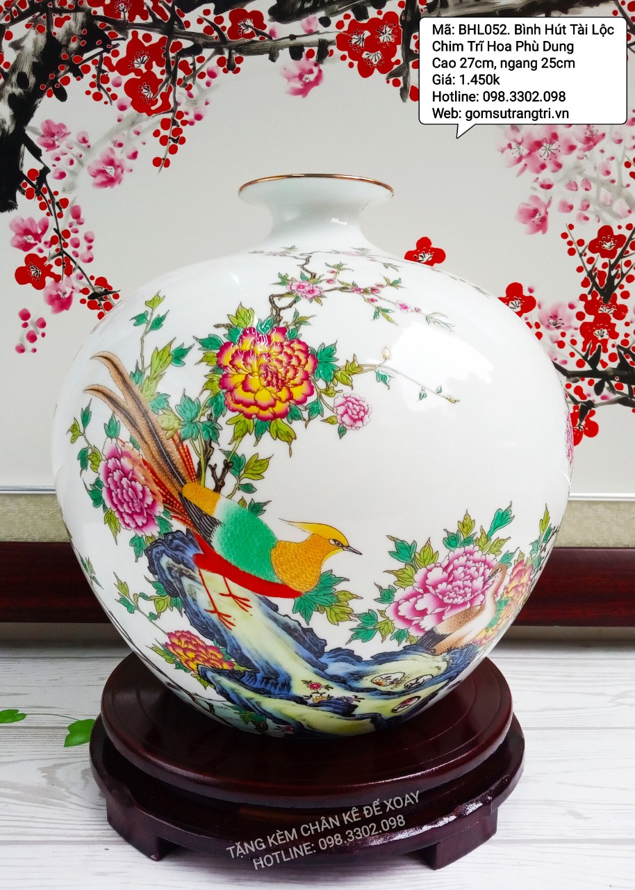 Bình Hút Tài Lộc Chim Trĩ Hoa Phù Dung